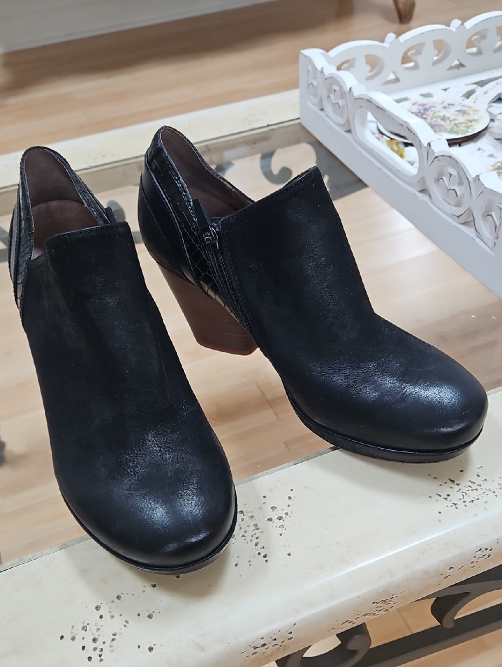 Dansko Black Leather Heeled Ankle Booties with Wood-Tone Heel